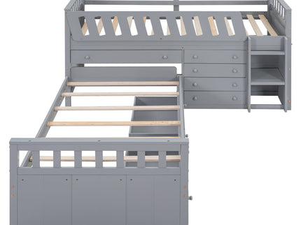 Loft Platform Bed With 7 Drawers And Full Guardrails, Modern L Shaped Space Savin