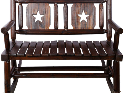 Rustic Outdoor Wood Rocking Bench Double Rocking Chair For 2 Persons With Curved Seat, Porch Rocker - Brown