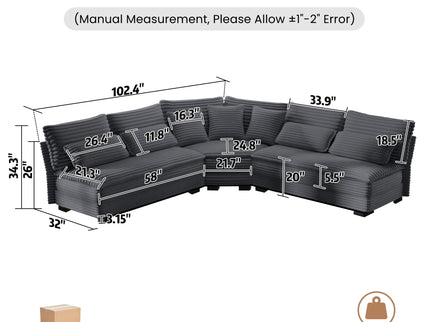 5 Seater L Shaped Sectional Sofa With Curved Corner, 7 Pillows