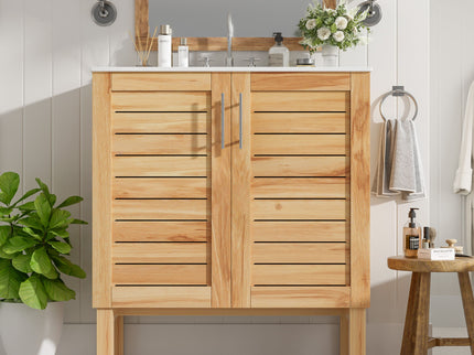 Bathroom Vanity With Ceramic Sink, Freestanding Cabinet - Antique Natural / Brown