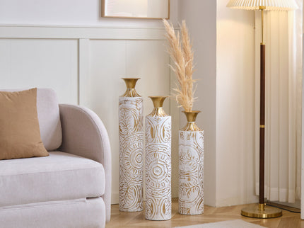 Floor Metal Vases Decorated Metal Vases (Set of 3) Gorgeous Home Decoration Large Glazed Metal Vases - White / Gold
