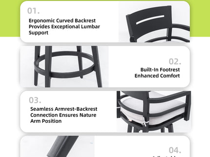 Modern Outdoor Patio Bar Set, Rounded Square Table & Bar Chairs, Non Rust Frame, Tapered Legs, Sunbrella Cushion