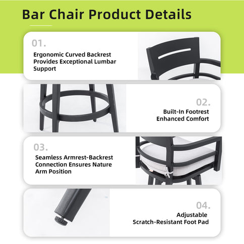 Modern Outdoor Patio Bar Set, Rounded Square Table & Bar Chairs, Non Rust Frame, Tapered Legs, Sunbrella Cushion