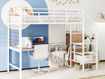 Loft Bed With Desk And Grid, Stylish Frame With Lateral Storage Ladder And Wardrobe