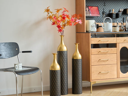 Elegant Floor Vase Set Metal Decorative Vases 3 Piece Set For Floral Display, Wedding & Gift Decor - Gold / Black