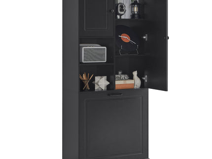 Modern Tall Storage Cabinet With Adjustable Shelves, Flip-Out Basket & Enclosed Doors