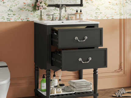 Wave Design Bathroom Vanity With Sink, 2 Drawers And Open Shelf