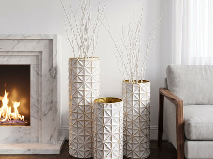 Tall Textured Geometric Decorative Floor Vases Home Decor (Set of 3) - White / Gold