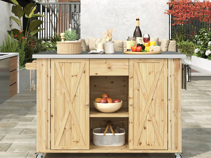 Outdoor Kitchen Island With Stainless Steel Top, Ample Storage Space, Towel And Spice Racks And A Bottle Opener