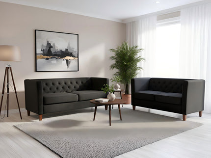 Button Tufted Loveseat, 2 Seater With Square Arm Couch For Living Room - Black