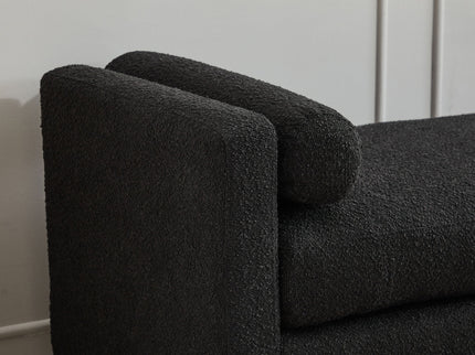 Elegant Upholstered Bench, Daybed, Ottoman With Wood Legs & 2 Bolster Pillows - Black Boucle