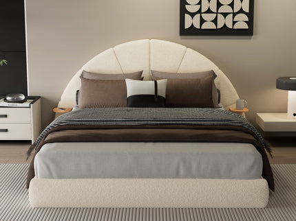 Queen Arched Bed With Small Table, Floor Standing Design - Beige