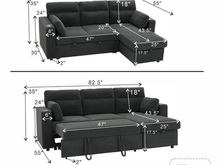 Convertible L - Shaped Sectional Sofa Bed With Storage Chaise, Cup Holders