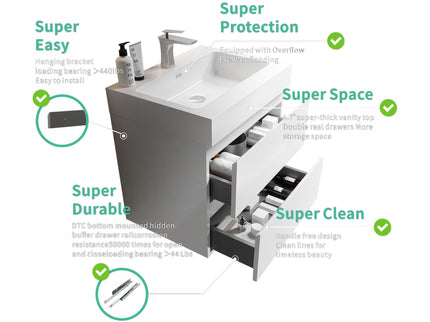 Alice - Bathroom Vanity With Large Storage, Sink Wall Mounted Floating Bathroom Vanity For Modern Bathroom, One-Piece Sink Basin Without Drain And Faucet