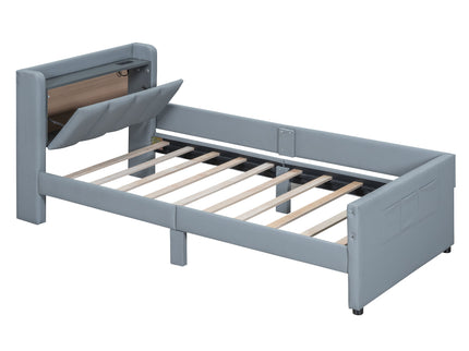 Upholstered Mother & Child Bed With Hydraulic Storage System, Drawer Box, Bedhead Storage Shelf And 2 Pairs Of Sockets & USB Ports