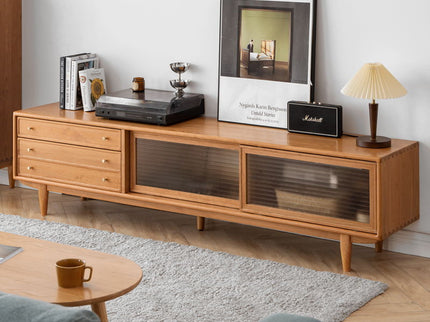 TV Cabinet With Chinese Changhong Glass Doors, Two Drawer Storage Space TV Standing - Cherry