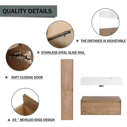 Modern Wall Mounted 30 Inch Bathroom Vanity With Resin Sink And 2 Side Cabinet In Imitative - Imitative Oak