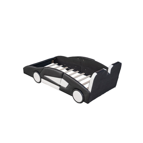 Race Car Shaped Twin Platform Bed With Wheels, Pine Wood Construction