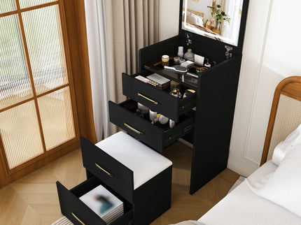3 In 1 Vanity Desk With Open Top Mirror, Glass Desktop Makeup Set With 3 Drawers, Compact Dressing Table For Bedroom - Black