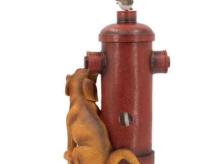 Red Fire Hydrant Water Fountain With Dog And Bird Accents, Outdoor Fountian With Light And Pump - Red / Light Brown