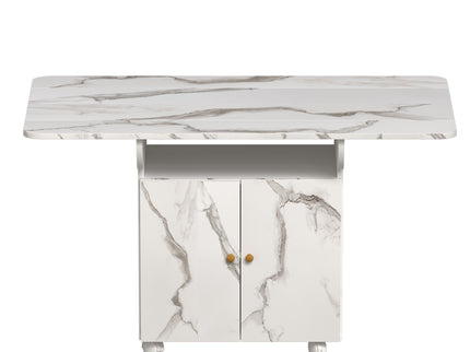Versatile Marble Folding Dining Table With Storage Rack And Cabinet, 6 Wheels - White