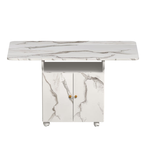 Versatile Marble Folding Dining Table With Storage Rack And Cabinet, 6 Wheels - White