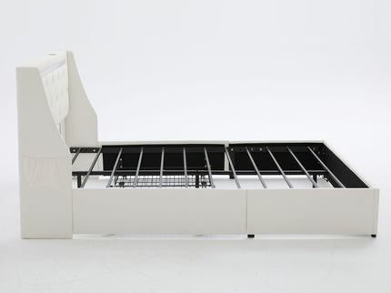 Wingback Upholstered Bed Frame With LED Lights, Charging Station