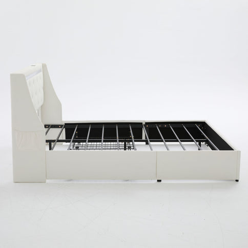 Wingback Upholstered Bed Frame With LED Lights, Charging Station