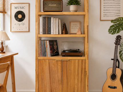 Tall Storage Bookcase Cabinet With 2 Open Shelves & Double Doors, Freestanding Shelving Unit - Natural