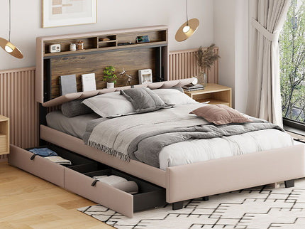 Upholstered Platform Bed With Storage Headboard, Trundle & 2 Drawers And A Set Of Sockets & USB Ports