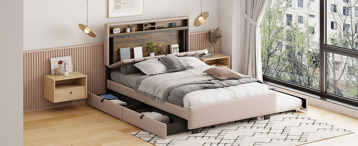 Upholstered Platform Bed With Storage Headboard, Trundle & 2 Drawers And A Set Of Sockets & USB Ports