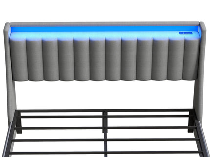 Upholstered Platform Bed Frame With RGB LED Lights, Charging Station & 2 Underbed Drawers