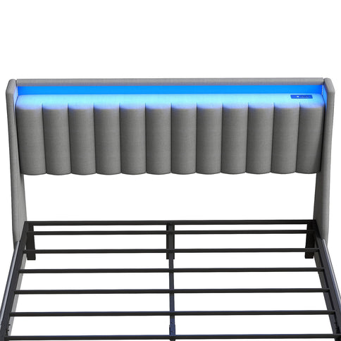Upholstered Platform Bed Frame With RGB LED Lights, Charging Station & 2 Underbed Drawers