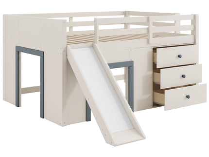 Modern Low Loft Bed With Slide, 3 Storage Drawers, And 2 Doors