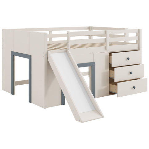 Modern Low Loft Bed With Slide, 3 Storage Drawers, And 2 Doors