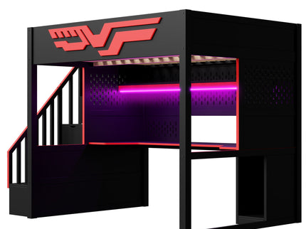 Full Gaming Loft Bed With Desk And Storage Staircase, LED Lights And USB - Red / Black