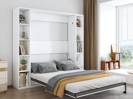 Queen Murphy Bed With Storage Cabinet, Foldable Wall Bed For Bedrooms - White