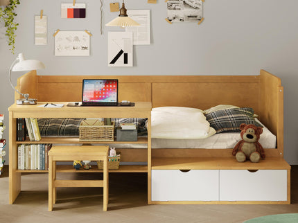 Daybed With Storage Shelves And Lockers, Multi Functional Bed With Study Desk And Matching Stool