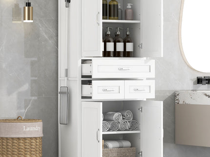 Tall Bathroom Storage Cabinet With 4 Doors 3 Drawers Adjustable Shelves - White