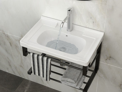 Wall Mounted Rectangular Bathroom Sink With Towel Bar & Overflow - White