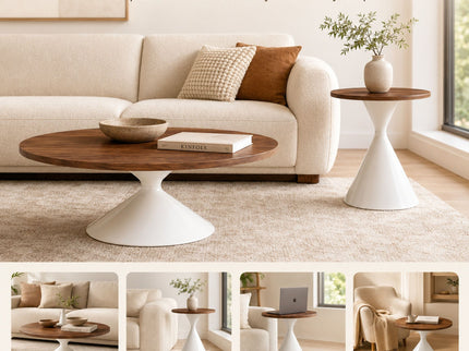 2 Piece Round Coffee Table Set - Walnut / White