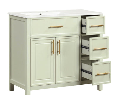 36" Bathroom Vanity With Sink, 2 Doors, 3 Drawers, Rectangular - White
