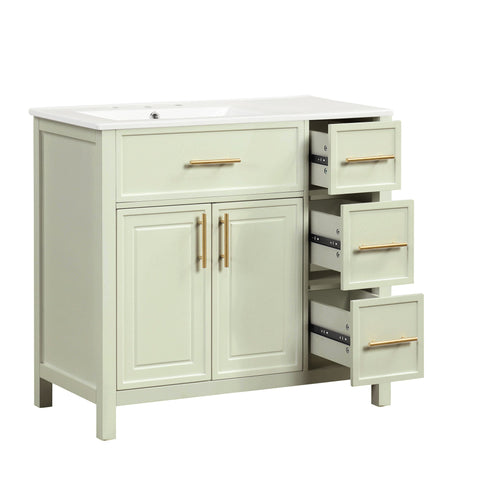 36" Bathroom Vanity With Sink, 2 Doors, 3 Drawers, Rectangular - White