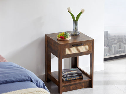 15.75" Rattan End Table With Drawer, Modern Nightstand, Side Table For Living Room, Bedroom