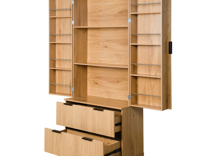 Fluted Kitchen Pantry Cabinet With 2 Large Drawers & 8 Door Spice Rack Freestanding Storage Organizer - Oak