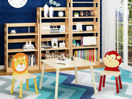 Kids Table And 2 Chairs Set, 3 Pieces Toddler Table And Chair Set, Wooden Activity Play Table Set (Lion&Monkey) - Natural