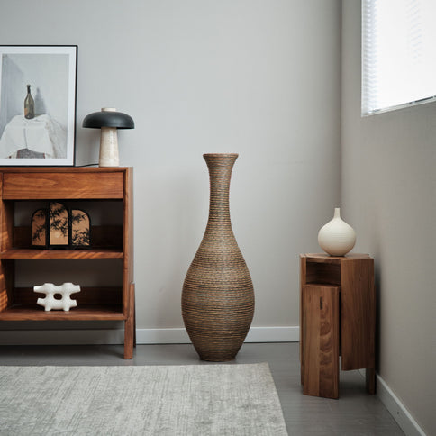Tall Artificial Rattan Floor Vase In Elegant Statement Piece For Living Room Decor, Entryway, Or Hallway Versatile Home Accent For Dried Or Silk Floral Arrangements - Beige / Gray