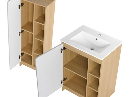 24" Bathroom Vanity With Sink & Tall Bathroom Cabinet, Vanity Set With Thin Edge Sink & Interchangeable Door Panels - Black / Light Oak / White
