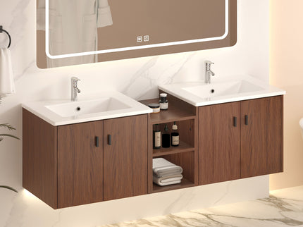 Soft Close Doors Bathroom Vanity With Small Storage Shelves, 24" And 12" Combination Cabinet - Reddish Brown