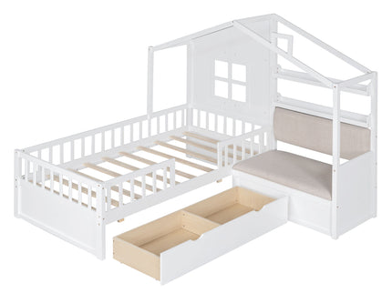 House Bed With Sofa, Kids Platform Bed With 2 Drawers And Storage Shelf